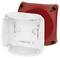 Czerwono-biała plastikowa puszka, otwarta od przodu, ukazuje wnętrze. Odpowiednia do instalacji elektrycznych.