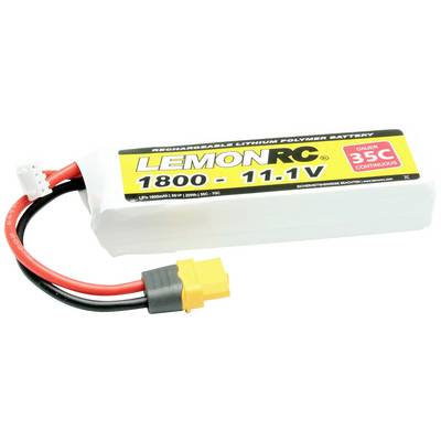 Akumulator LiPo 'LEMONRC 1800 - 11.1V'. Biała obudowa, przewody czerwone i czarne, żółta wtyczka. Tekst: 'AKUMULATOR LITOWO-POLIMEROWY DO ŁADOWANIA'.