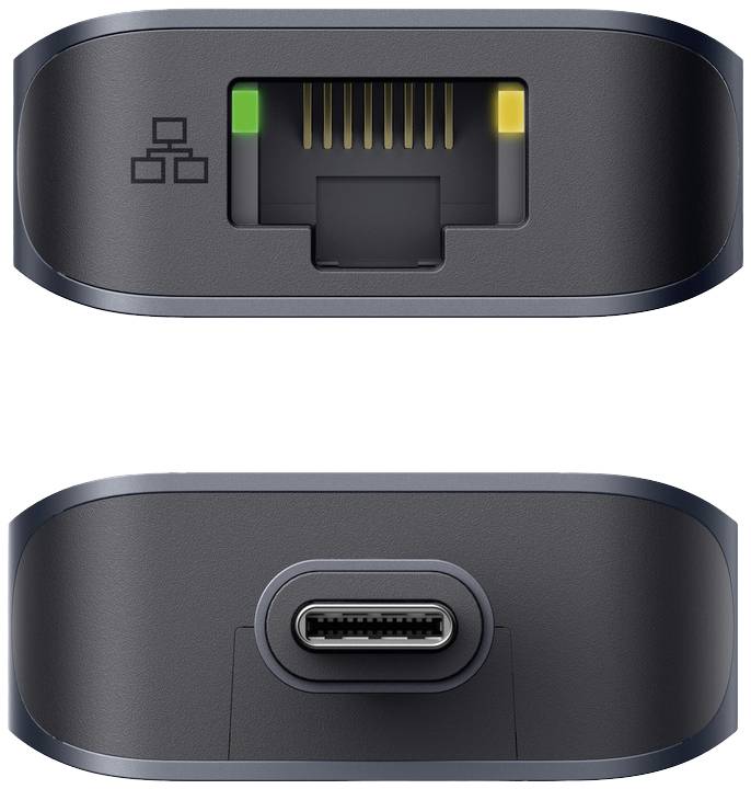 Adapter z wejściem Ethernet na górze i wejściem USB-C na dole, odpowiedni do podłączenia kabla sieciowego oraz urządzeń z interfejsem USB-C.