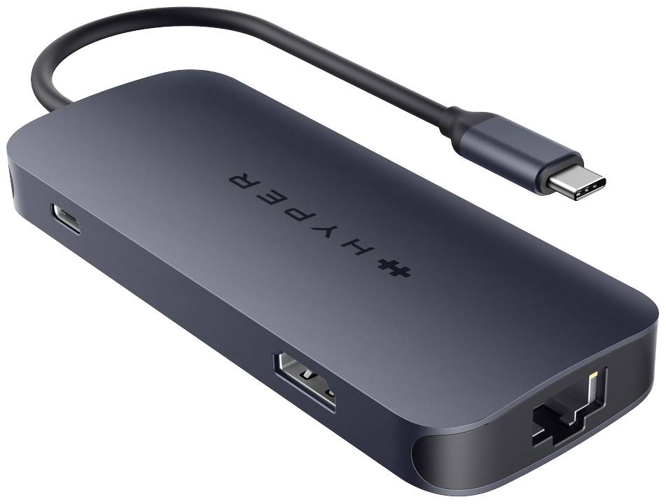 Czarny hub USB-C z wieloma portami, w tym HDMI, USB-A i Ethernet.