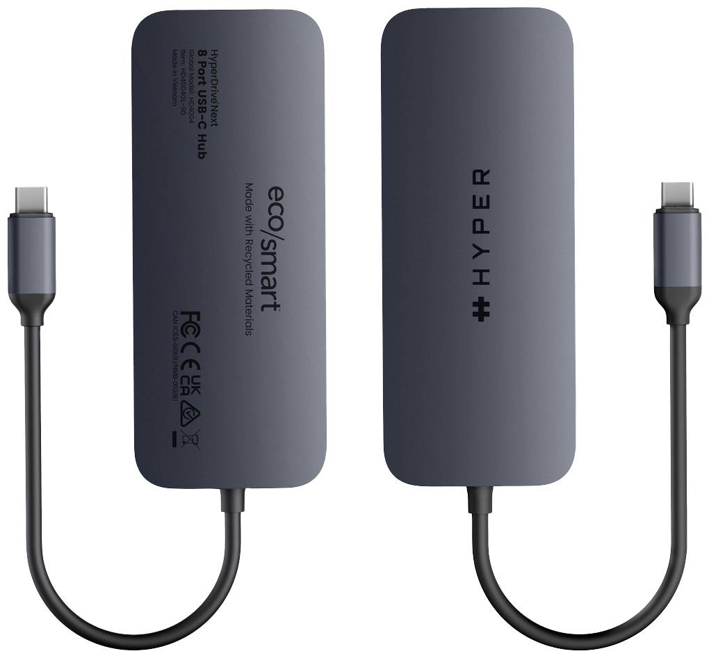 'Dwa huby USB-C z napisami: Lewy hub „ecoSmart", prawy hub „Hyper". Oba posiadają kabel USB-C.'