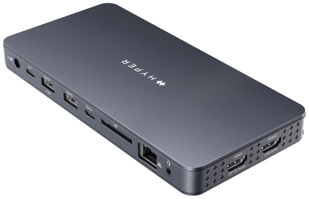 Szary hub USB-C z wieloma portami, w tym USB-A, HDMI, Ethernet oraz czytnikiem kart SD. Idealny do podłączania różnych urządzeń.