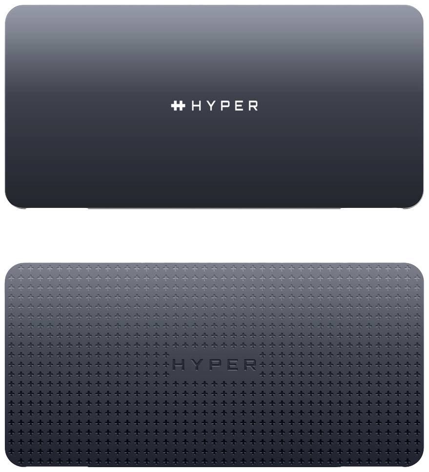 Dwa przenośne ładowarki z napisem 'HYPER'. Górna powierzchnia gładka, dolna powierzchnia strukturowana z małym wzorem plus.