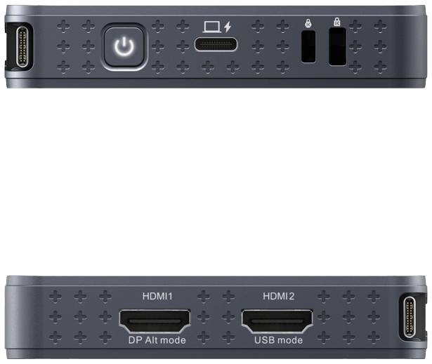 Urządzenie z dwoma widokami z boku. Góra: włącznik sieciowy i dwa porty USB. Dół: dwa złącza HDMI z etykietami 'DP Alt mode' i 'USB mode'.