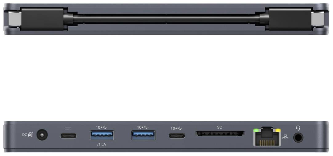 Stacja dokująca do laptopa z portami: USB-C, dwa porty USB-A, HDMI, czytnik kart SD, Ethernet oraz gniazdo słuchawkowe.