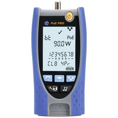 Przenośny tester sieci z wyświetlaczem. Wyświetla 'PoE PRO' oraz '90.0W'. Przyciski funkcyjne znajdują się poniżej.