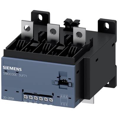 Moduł Siemens SIMOCODE, w kolorze niebieskim i czarnym, z przyłączami i numerem modelu '3UF71', przeznaczony do sterowania silnikami, o zakresie prądowym 20-200A.