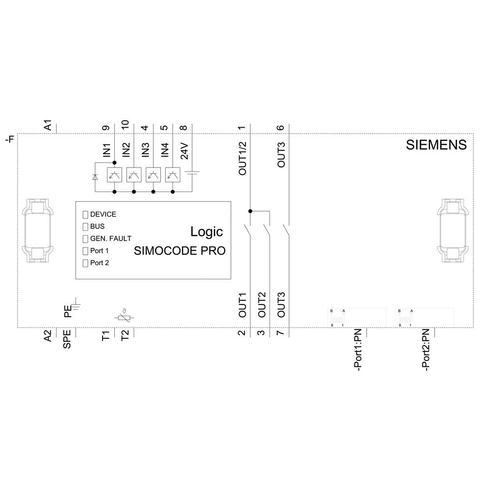 Diagram SIMOCODE PRO firmy Siemens, przedstawiający zaciski IN1 do IN6, OUT1 do OUT3, z opisami 'URZĄDZENIE', 'MAGISTRALA', 'USTERKA OGÓLNA'.