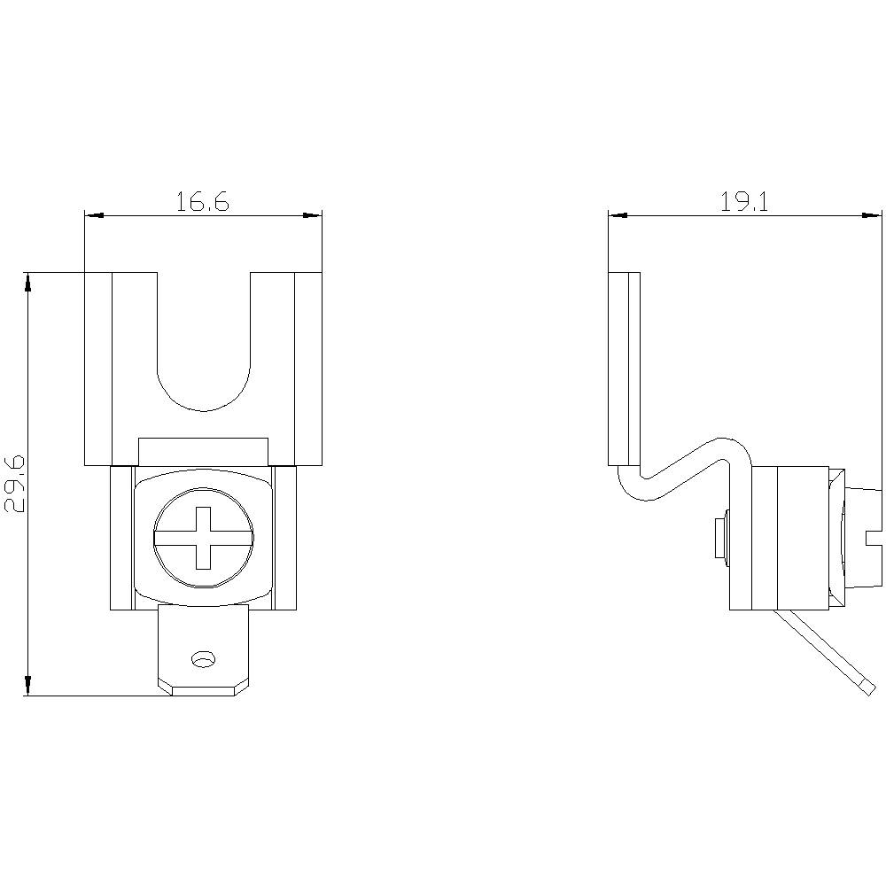 Rysunek techniczny elementu mechanicznego z wymiarami: szerokość 16,6 mm, wysokość 29,6 mm, głębokość 19,1 mm. Widok z prawej strony.