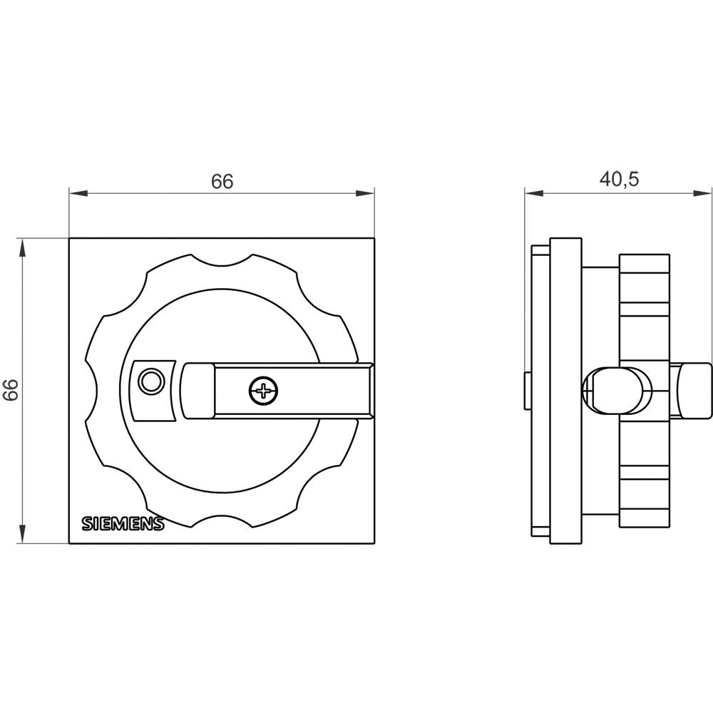 Szkic przełącznika obrotowego Siemensa z wymiarami technicznymi: 66 mm szerokości, 66 mm wysokości i 40,5 mm głębokości. Wyraźnie widoczne szczegóły i oznaczenia.