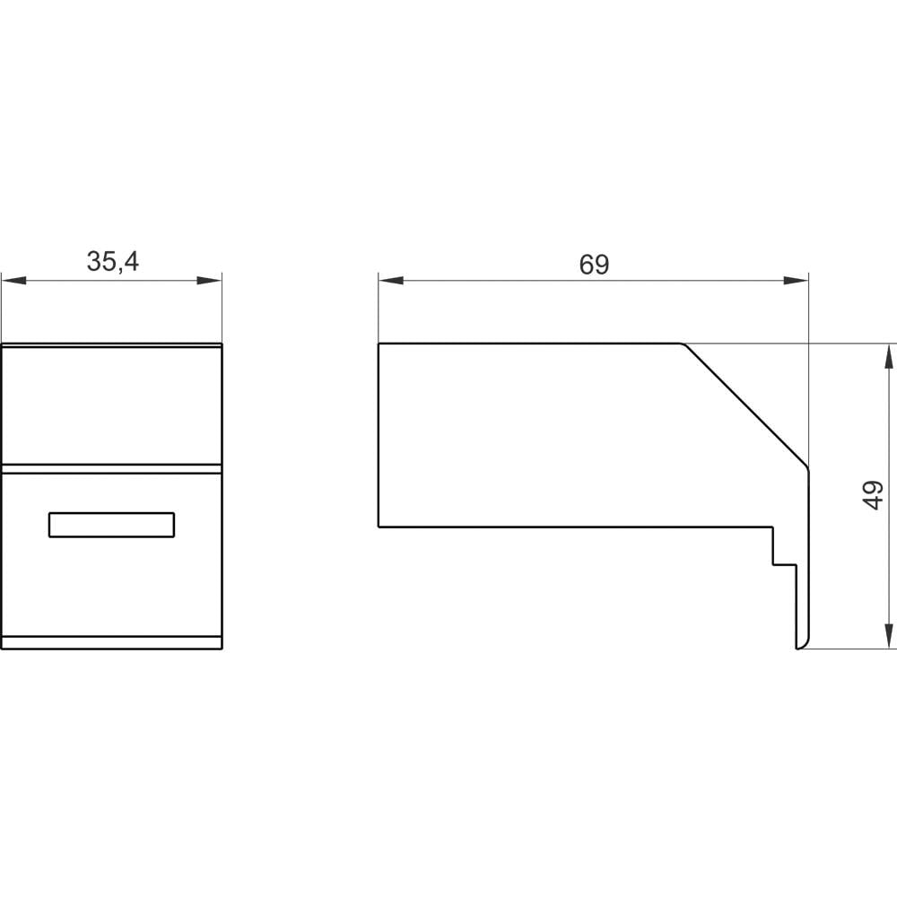 Dwie rysunki techniczne przedstawiają widok boczny i czołowy elementu z podanymi wymiarami: szerokość 35,4, długość 69 oraz wysokość 49.