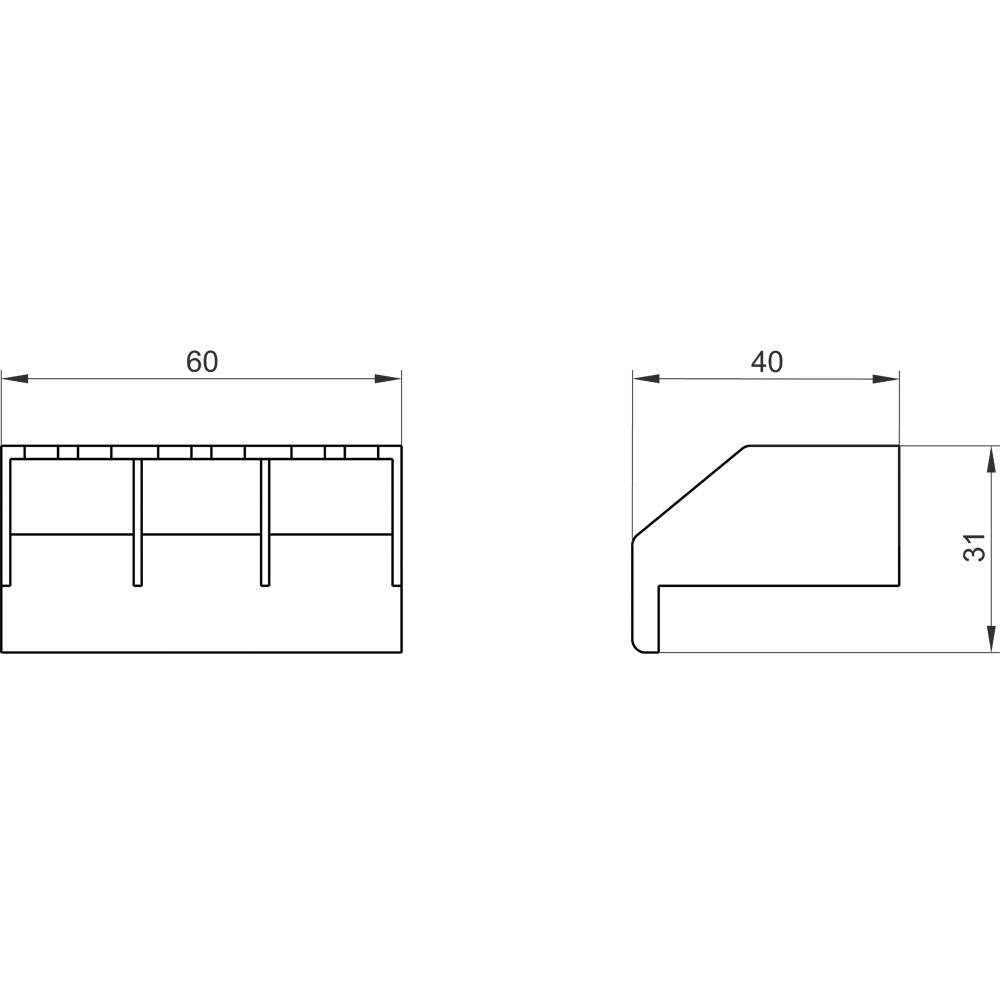 Rysunek techniczny prostokątnego elementu o wymiarach: szerokość 60, głębokość 40, wysokość 31. Widok z boku przedstawia krawędź skośną.