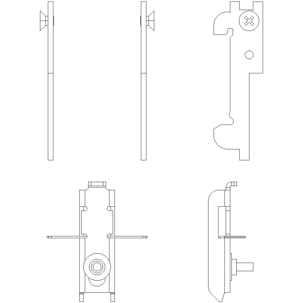 Rysunek techniczny mechanizmu zamka drzwiowego przedstawiony z różnych perspektyw, w tym widoku z przodu, z boku oraz widoku z góry.