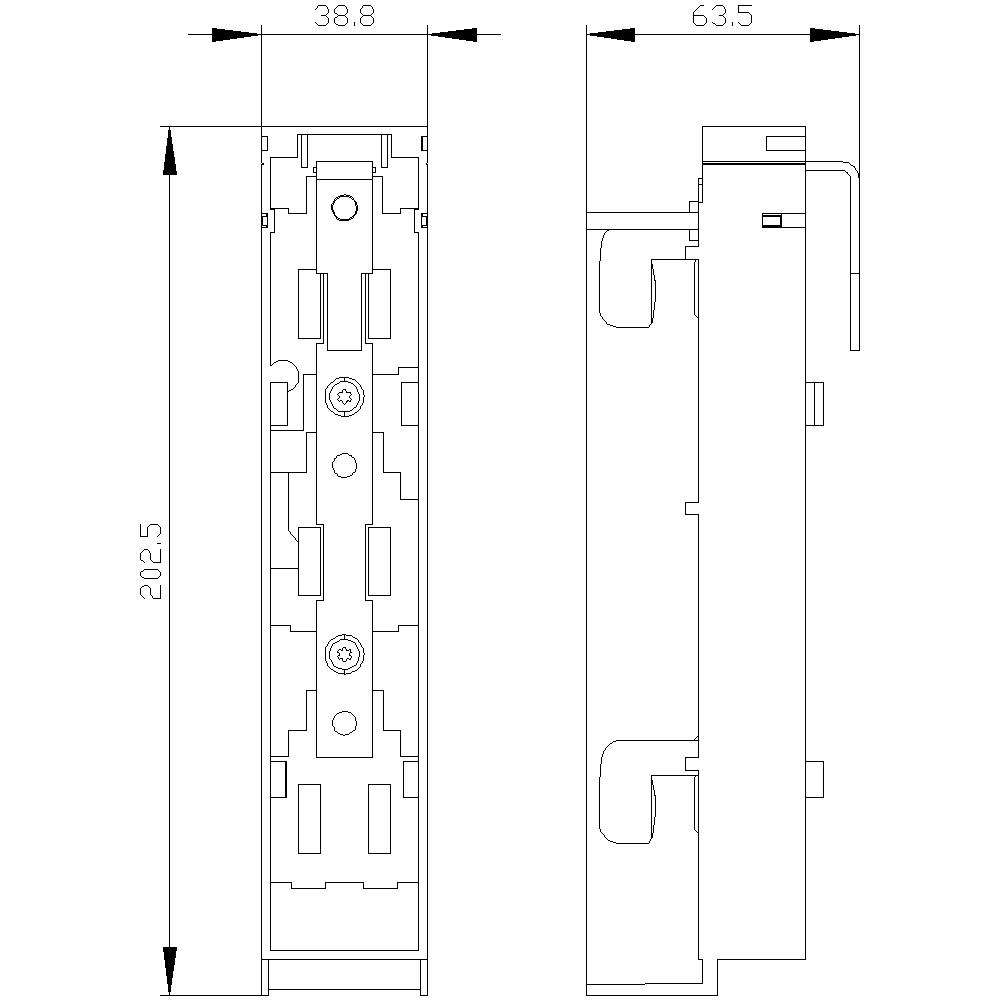 Rysunek techniczny elementu elektrycznego z wymiarami: szerokość 38,8 mm, głębokość 63,5 mm, wysokość 202,5 mm.