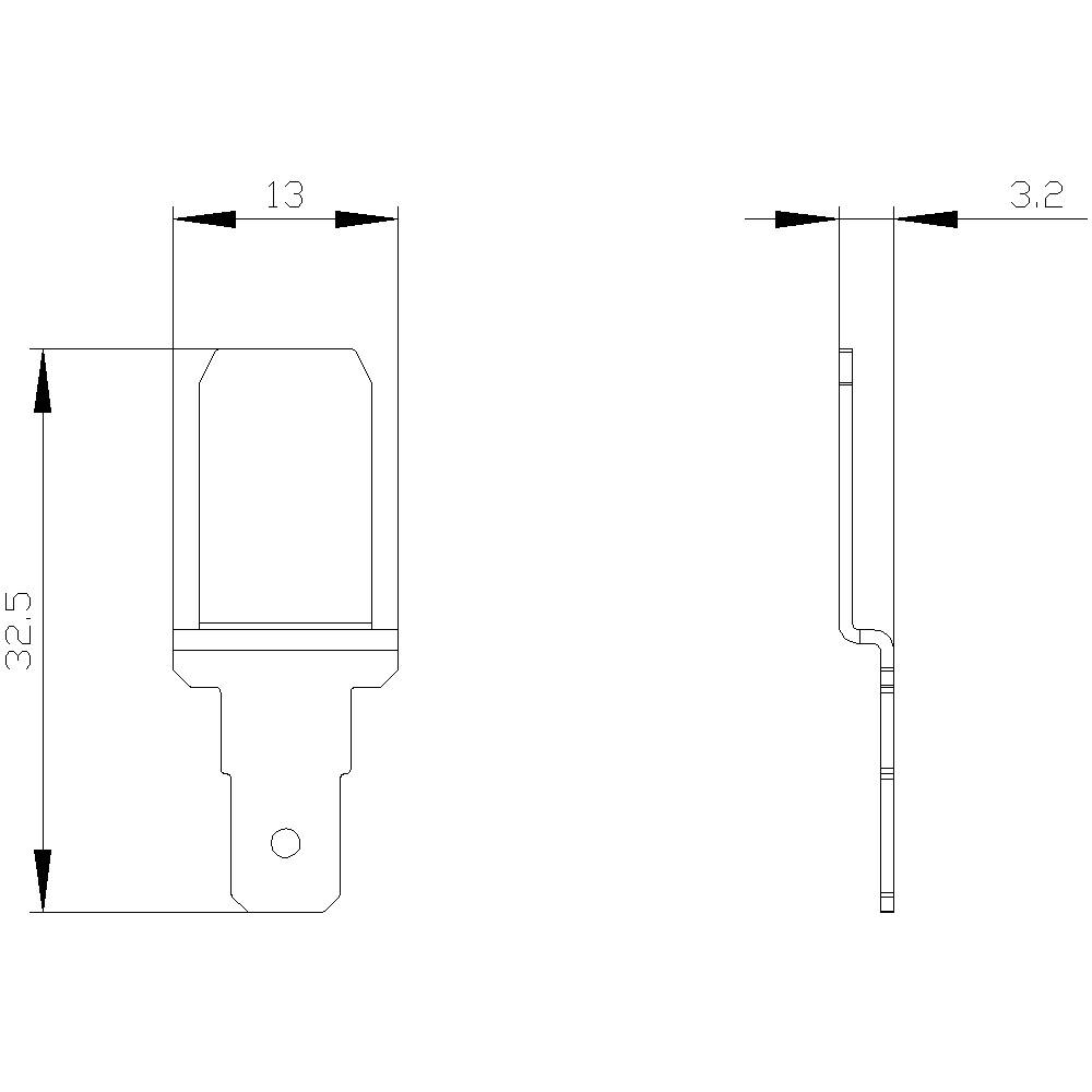 Rysunek techniczny prostokątnego elementu o wymiarach 32,5 mm wysokości, 13 mm szerokości i 3,2 mm grubości, z widokiem z boku i z przodu.