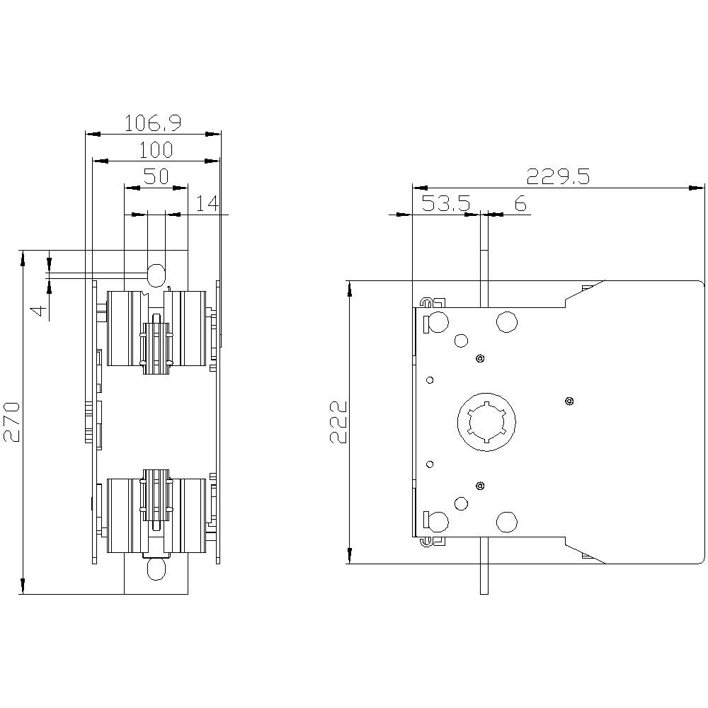 Rysunek techniczny elementu mechanicznego z wymiarami w milimetrach: 270x106,9 w widoku z lewej strony, 229,5x53,5 w widoku z góry.
