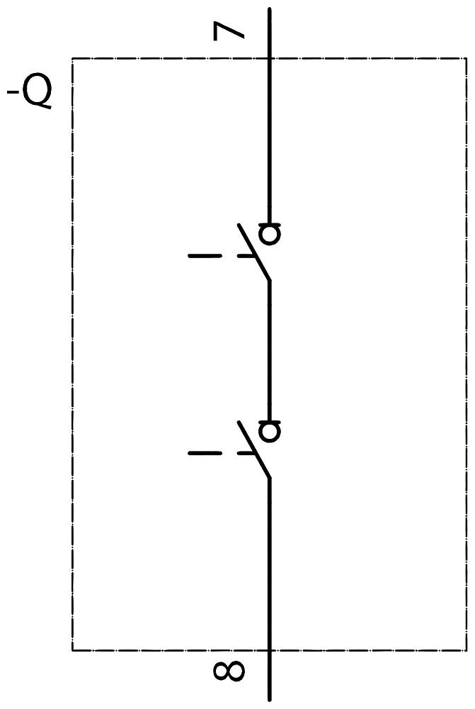 Symbol elektryczny: Dwie równoległe linie, obie z rozłącznikami. Rozłącznik 7 u góry, rozłącznik 8 u dołu. Znak 'Q' po lewej stronie.