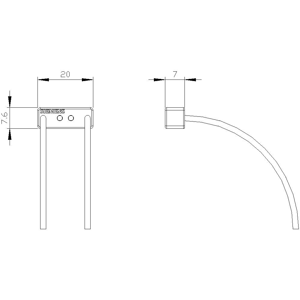 Schematyczny rysunek prostokątnego elementu elektronicznego z dwoma przyłączami. Wymiary: 20 mm x 7,6 mm x 7 mm.