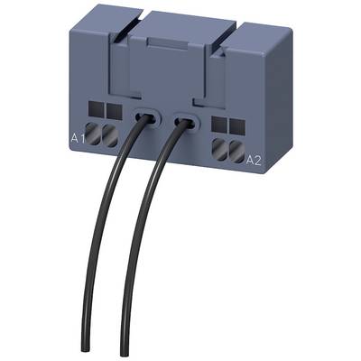 Niebieskie elektromagnetyczne przekaźnik z dwoma czarnymi przewodami przymocowanymi do zacisków 'A1' i 'A2'.