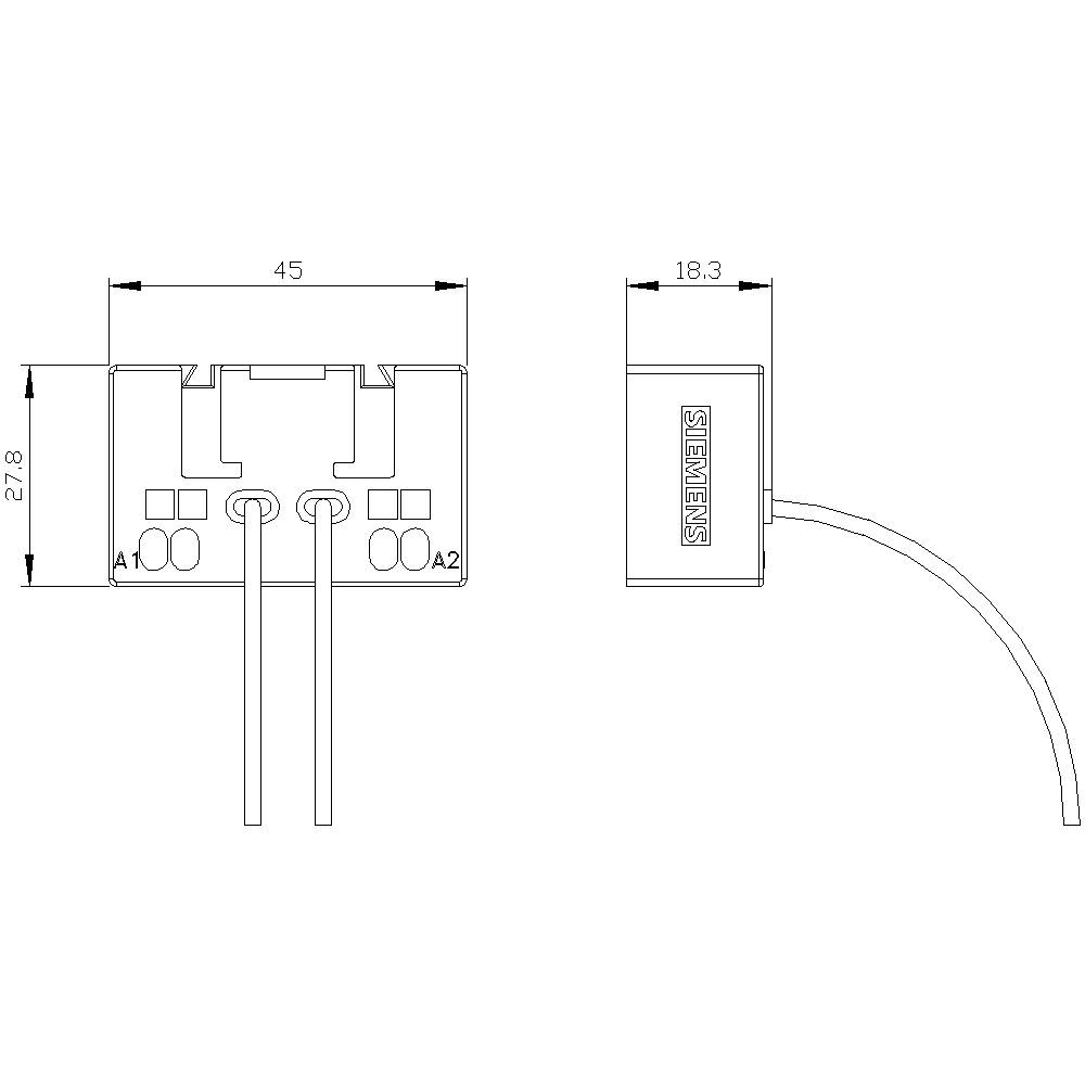 Rysunek techniczny prostokątnego modułu firmy Siemens o wymiarach 45 mm szerokości, 27,8 mm wysokości i 18,3 mm głębokości.