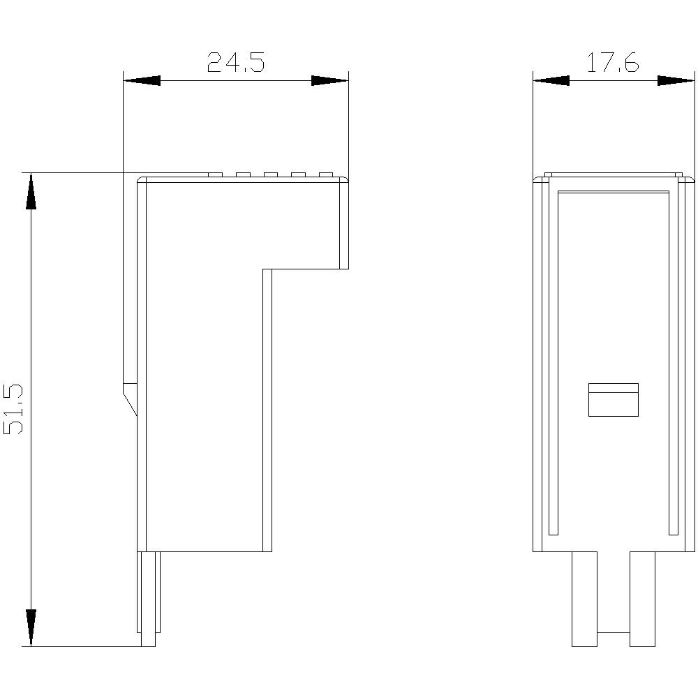 Rysunek techniczny prostokątnego złącza o wymiarach: wysokość 51,5 mm, szerokość 24,5 mm, widok głębokości 17,6 mm.