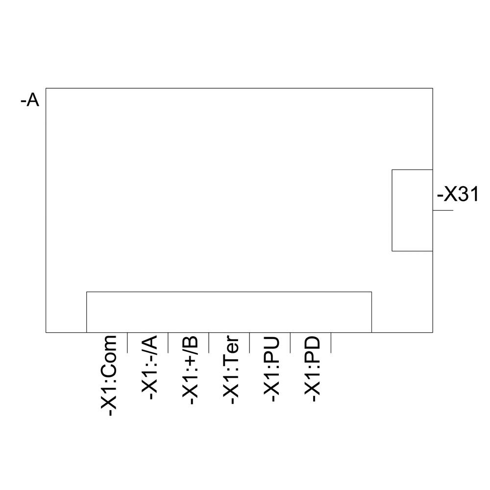 Prosty układ zacisków blokowych przedstawia kilka punktów przyłączeniowych: -A, -X1:Com, -X1:+/-, -X1:Ter, -X1:PU, -X1:PD, -X31.