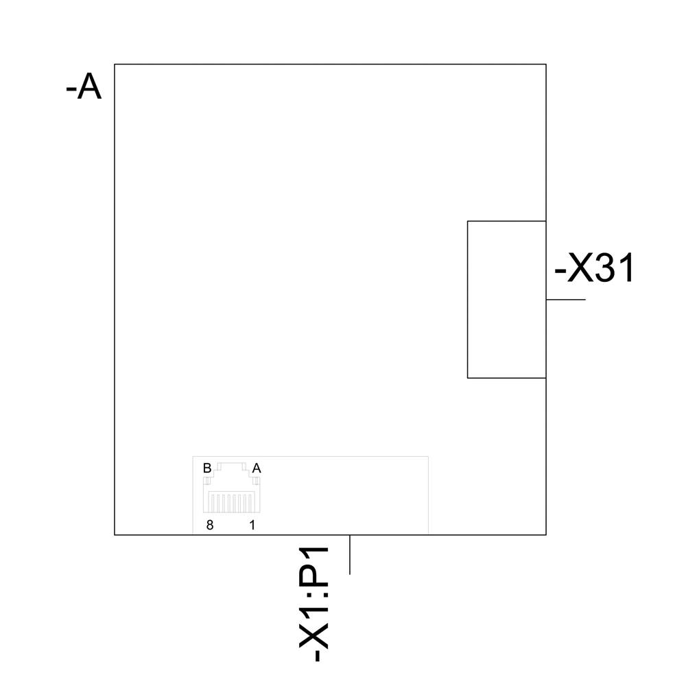 Schemat elektryczny z trzema oznaczonymi punktami przyłączeniowymi: '-A', '-X1:P1' oraz '-X31'. Kwadrat z mniejszym prostokątem wewnątrz. Diagram do ilustracji technicznej.