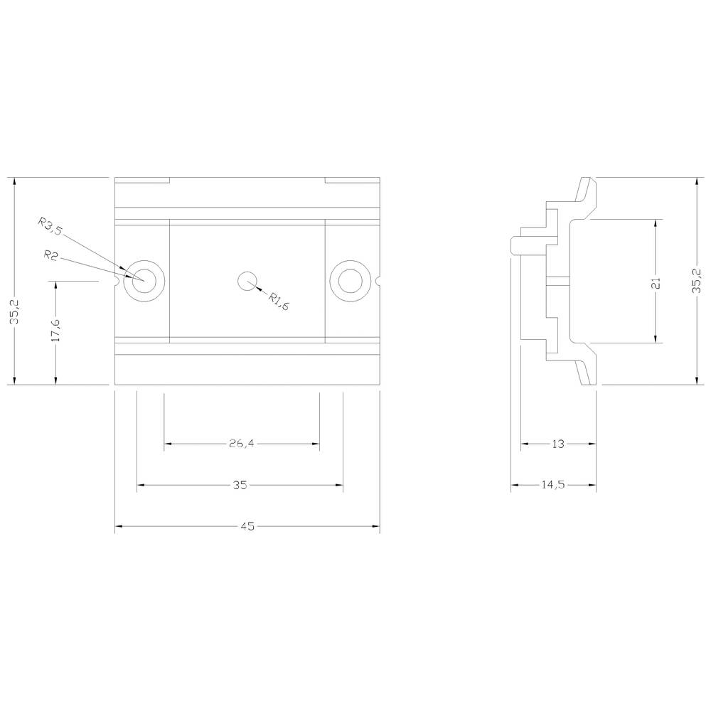 Rysunek techniczny elementu z wymiarami w milimetrach. Przedstawia widok z przodu i widok z boku z wieloma liniami wymiarowymi.