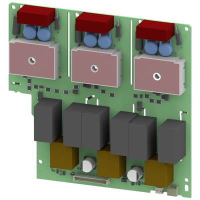 Zielona płytka elektroniczna z wieloma kwadratowymi elementami w kolorach szarym i czerwonym oraz cylindrycznymi komponentami w kolorze niebieskim.