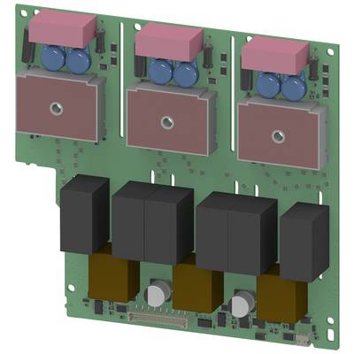 Płytka drukowana z elementami elektronicznymi, pięć dużych czarnych i brązowych bloków, a nad nimi trzy różowe moduły z niebieskimi podzespołami.