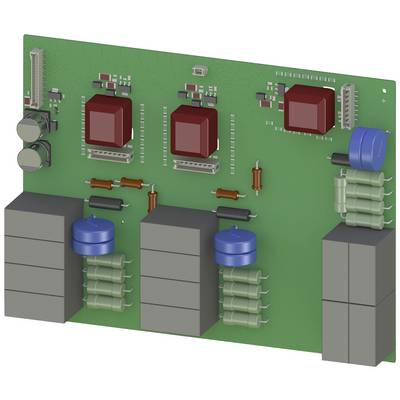 Zielona płytka drukowana z różnymi elementami elektronicznymi, w tym czerwonymi i niebieskimi kondensatorami, szarymi rezystorami i układami scalonymi.