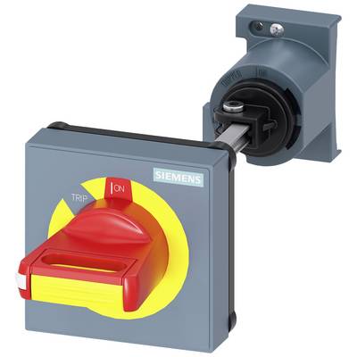 Rozłącznik Siemensa w kolorach czerwonym i żółtym, w pozycji 'Włączony'. Urządzenie mechaniczne służące do bezpiecznego wyłączania obwodów elektrycznych.