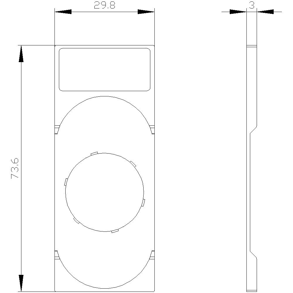 Rysunek techniczny prostokątnego urządzenia z wymiarami: 29,8 mm szerokości, 73,6 mm wysokości, 3 mm grubości. Przedstawia widok z przodu i z boku.