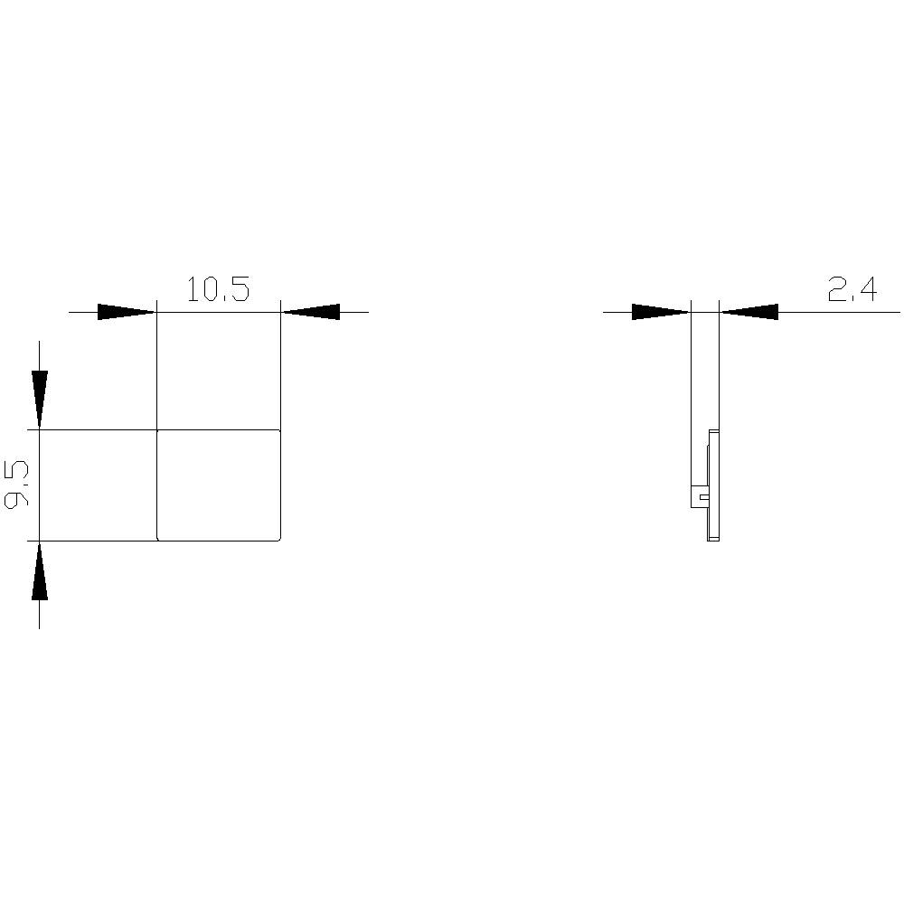 Rysunek techniczny prostokątnego obiektu z wymiarami: szerokość 10,5 cm, wysokość 9,5 cm, głębokość 2,4 cm. Widok boczny z prawej strony.
