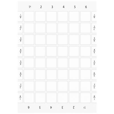 Tabela z pustą siatką 8x8, z numerami od 1 do 6 u góry i u dołu,ułamkami od 1/8 do 8/1 po lewej i prawej stronie.