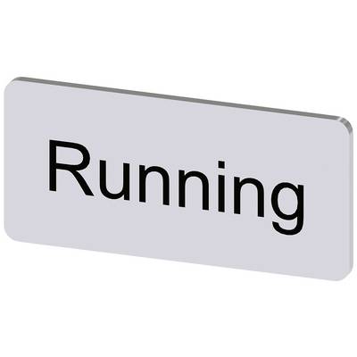 Prostokątna tablica z napisem 'Running' czarnymi literami na białym tle.
