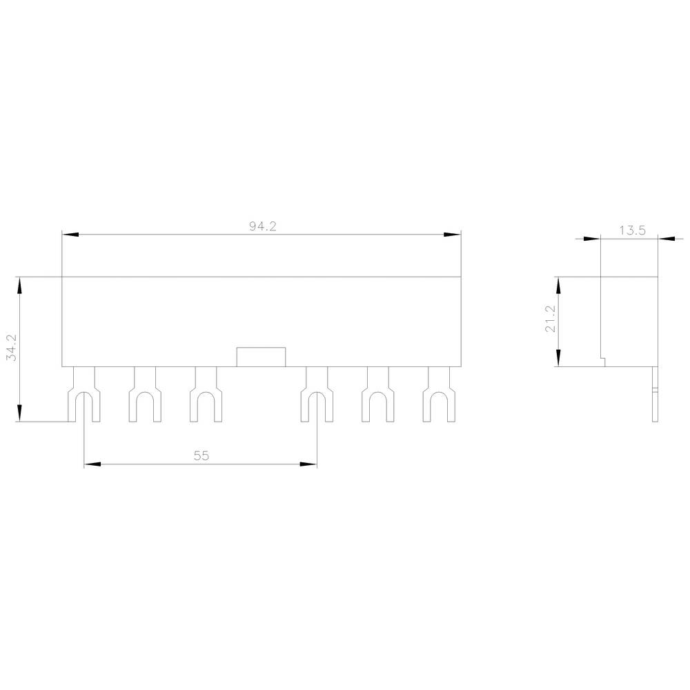 Rysunek techniczny elementu elektronicznego z wymiarami: 94,2 x 34,2 mm, wysokość 21,2 mm, szerokość złączy 55 mm.