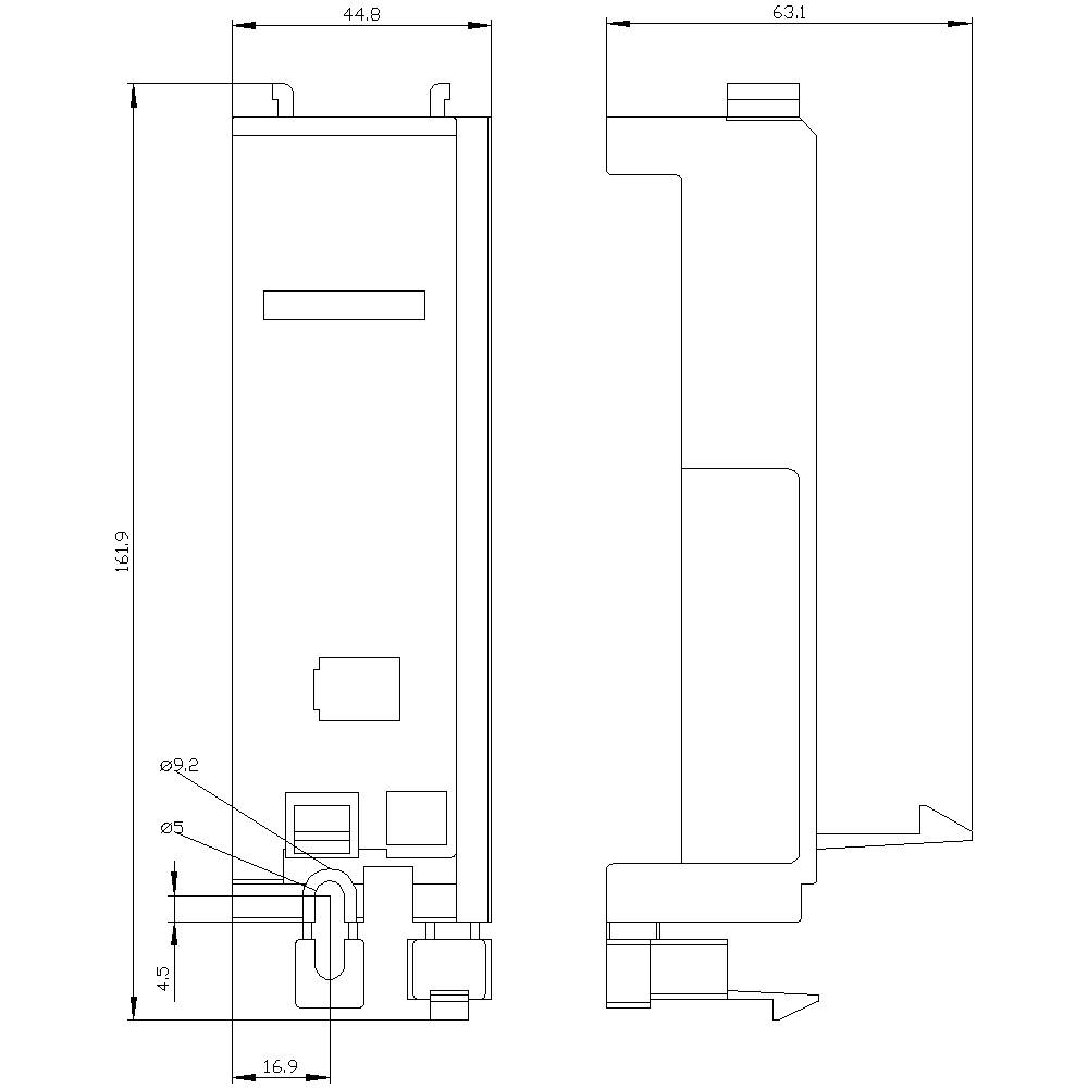 Rysunek techniczny prostokątnego pojemnika z wymiarami: 63,1x16,9 z przodu oraz 44,8x16,9 z boku, z detalami przyłączy od spodu.