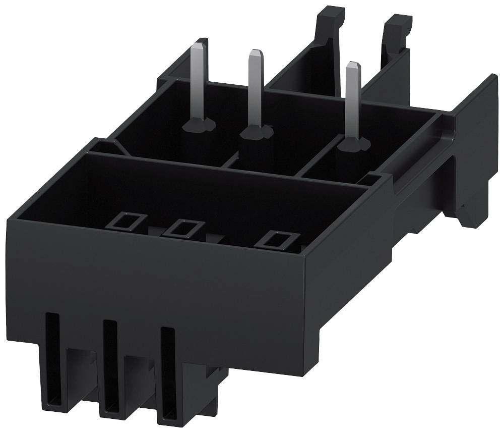 Czarny element łączący z tworzywa sztucznego z wieloma pionowymi stykami przyłączeniowymi i zaciskami mocującymi, stosowany do połączeń elektronicznych.