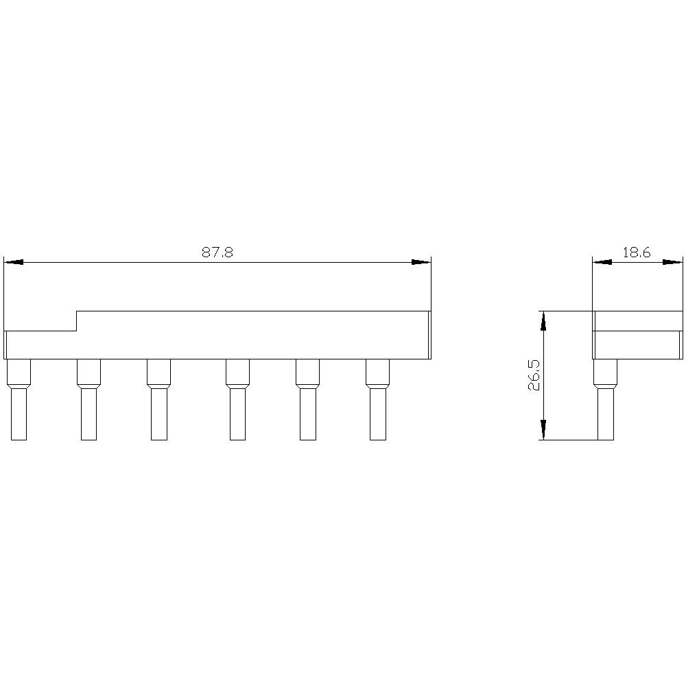 Rysunek techniczny elementu elektronicznego z wymiarami: szerokość 87,8 mm, wysokość 26,5 mm, głębokość 18,6 mm. Sześć pinów przyłączeniowych na dole.