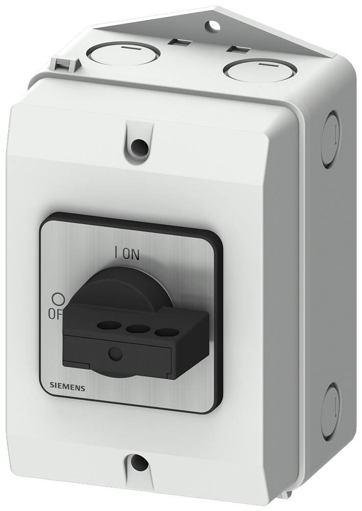 Szary, prostokątny przełącznik Siemensa z dźwignią ustawioną w pozycji 'WŁ.'. Odpowiedni do zastosowań przemysłowych.