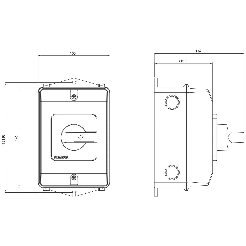Rysunek techniczny obudowy prostokątnej z zaokrąglonymi krawędziami; widok z przodu i z boku z wymiarami.