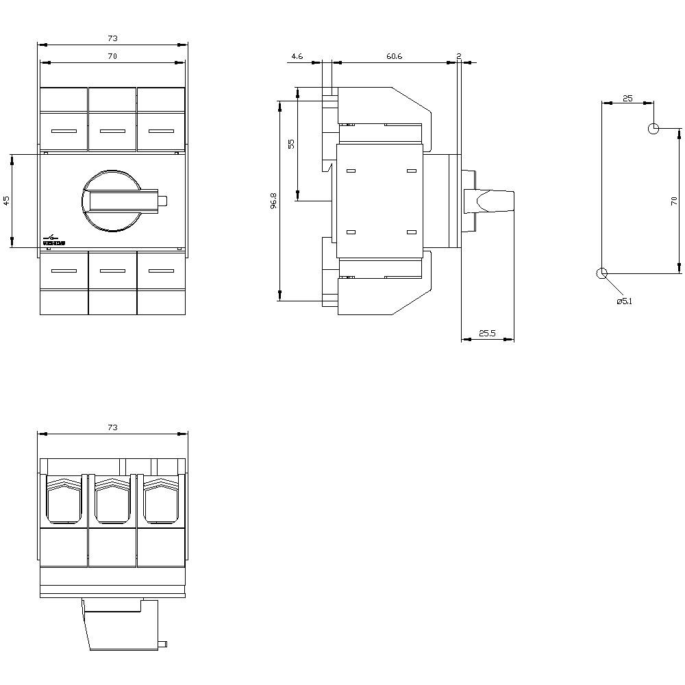 Rysunek techniczny elektrycznego przełącznika z wymiarami. Przedstawia widok z przodu, boku i z góry z dokładnymi oznaczeniami pomiarowymi.