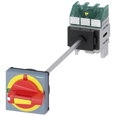 Ilustracja rozłącznika bezpieczeństwa z czerwoną dźwignią i etykietami ostrzegawczymi. Stosowany do odłączania obwodów elektrycznych w zastosowaniach elektrotechnicznych.