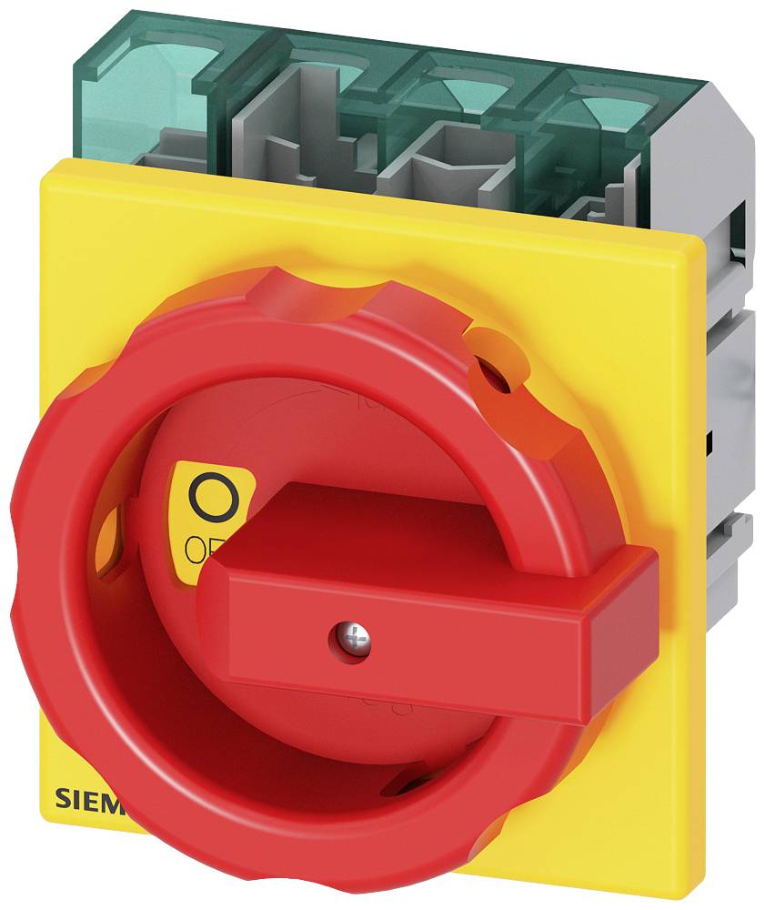 Żółto-czerwony główny wyłącznik firmy Siemens, przedstawiony w pozycji wyłączenia. Przełącznik charakteryzuje się solidną, przemysłową budową.