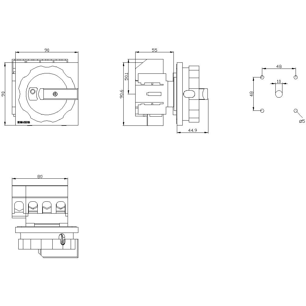 Rysunek techniczny przełącznika z wymiarami w milimetrach; widok z przodu, z boku i z góry przedstawiający szczegóły i podłączenia.