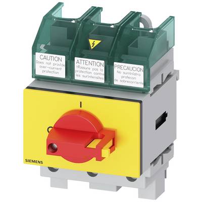 Elektryczny wyłącznik ochronny z żółtą obudową i czerwonym pokrętłem. Na górze znajdują się ostrzeżenia w języku angielskim, francuskim i hiszpańskim.