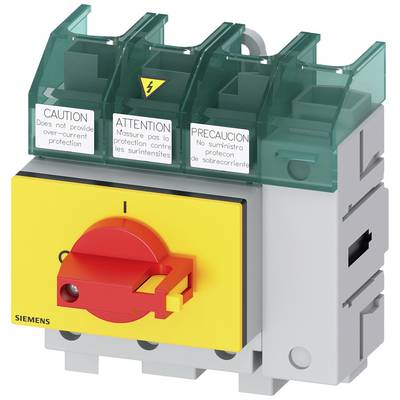 Elektryczny wyłącznik główny w odcieniach szarości z czerwoną dźwignią na żółtym tle. Naklejka ostrzega przed ochroną przed przepięciem w trzech językach.