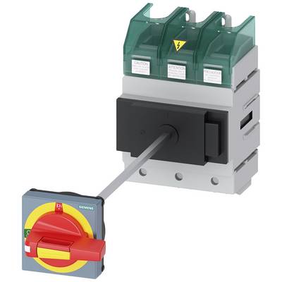 Ilustracja elektrycznego przełącznika z uchwytem, zieloną osłoną zabezpieczającą i symbolem ostrzegawczym. Stosowany w zastosowaniach przemysłowych do sterowania napięciem.