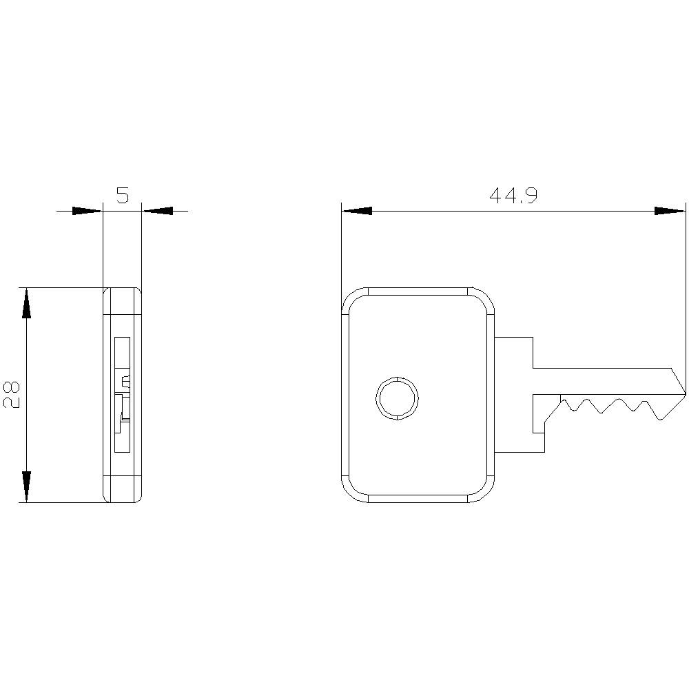 Rysunek techniczny klucza z wymiarami 28 mm i 44,9 mm. Przedstawiono widok z boku i widok z przodu.